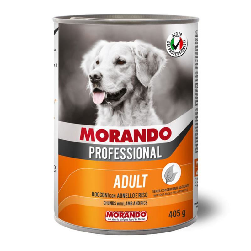 Morando Prof. Dog chunks with Lamb and Rice - Cordero y Arroz Lata * 405 gr. (Naranja)